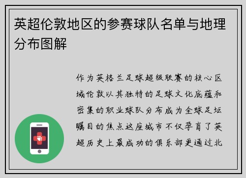 英超伦敦地区的参赛球队名单与地理分布图解